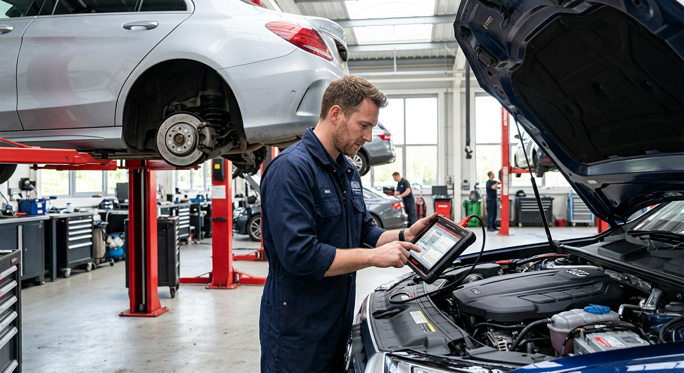 Mecánico de Cronos Automotriz realizando un diagnóstico computarizado